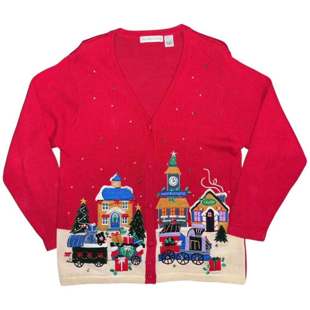 VTG 90s Victoria Jones Christmas Sweater Sz L Embroidered Cardigan Train Village